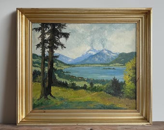 Pintura a óleo vintage XL alemã de 1933 representando um lago alpino – Paisagem de montanha em moldura dourada (30” x 26”)