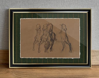 Impressão artística Giclée de um esboço vintage de cavalo emoldurada, moldura preta e dourada (32 cm x 23,6 cm)
