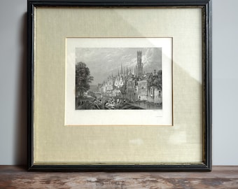 Vintage c. 1830s English Historic Steel Engraving Print by Clarkson Stanfield - 11.4"x10.4" – Framed Antique Art Print, Historic City Scene