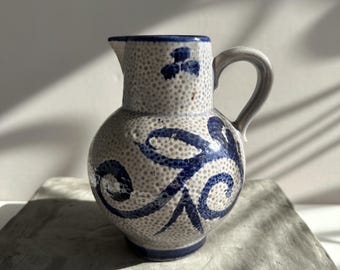Vintage Duitse blauw-witte kan, rustieke landelijke aardewerken kan, houder boerderijgerei – 7 x 5,5 inch