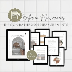 Puede incluir: Una portada de ebook digital con fondo blanco y una tableta negra que muestra una hoja de trucos para las medidas del baño. La portada del ebook presenta un arco marrón con una bañera blanca y un tocador de madera. El texto de la portada dice "Bathroom Measurements" y "Cheat Sheet". El ebook se titula "Balika Homes".