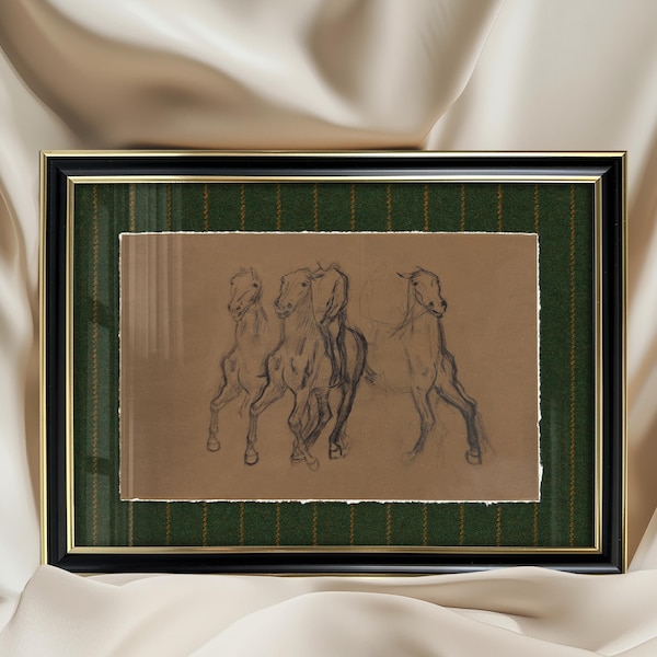 Framed Vintage Horse Sketch Giclée Art Print, Black & Gold Frame (12.6” x 9,3”)