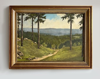 Pintura de paisagem vintage de 1955 emoldurada – Cena de floresta alemã (13,6”x10,4”)