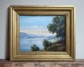 Vintage 1930s German Lake Landscape Oil Painting – Framed Fine Art, (22.8”x19”)
