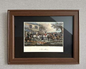 Gravura rara em água-tinta colorida à mão, da década de 1830, de Henry Alken – “O Encontro” – Cena inglesa de caça à raposa – Com ou sem moldura.