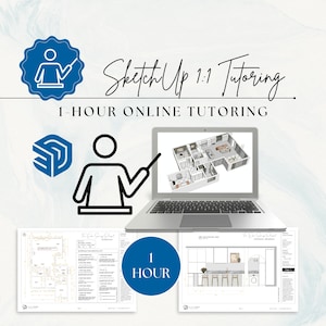 May include: A graphic showing a one-hour online SketchUp tutoring session. The image shows a laptop with a 3D model of a kitchen on the screen, a person pointing to the screen, and a blue circle with the text "1 HOUR".