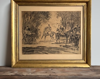 Desenho a carvão vintage XL emoldurado, tema equestre, década de 1910 – Arte equina alemã de Moritz Heymann (30,3” x 27”)