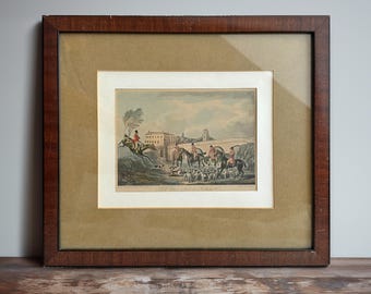 Gravura vintage inglesa em água-tinta de caça à raposa da década de 1830 – “Muito bem… Nada!” – Henry Alken – 34,8 x 30 cm – Arte esportiva emoldurada