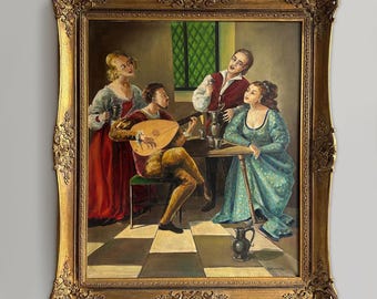 Pintura a óleo vintage XL de 1968, representando uma cena social musical em estilo renascentista - (63 x 74 cm) - Belas Artes