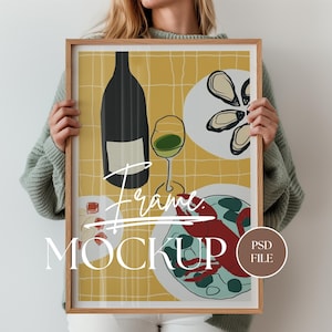 Vertical Frame Format Person With Frame Mockup DIN A Ratio Thin Wood Frame PSD Photoshop Template Person Holding Interior Mockup | No. VF005