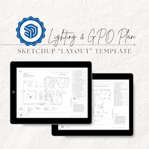 Puede incluir: Dos pantallas de tableta digital que muestran un plano de planta en blanco y negro con el título "The Ear Gorny Resort" y el texto "Lighting Plan" y "Electrical Sockets & Other".