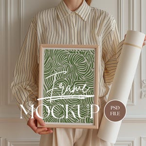 Vertical Frame Mockup for Art Display Thin Wood Frame PSD Photoshop Photopea Person Holding Frame Mockup Portrait Glass Mockup | No. VF009
