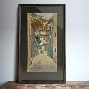 Dipinto ad acquerello con cornice vintage degli anni '30 - Scena di strada europea, architettura italiana, 9,7" x 17,8" - Belle arti - Dipinto unico nel suo genere
