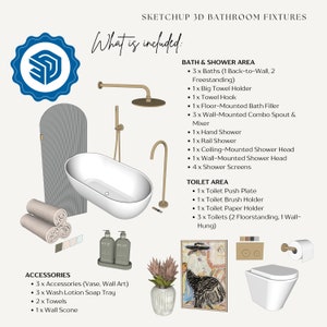 May include: A 3D rendering of a bathroom with a bathtub, shower, toilet, and various accessories. The bathroom features a white bathtub, a shower with a chrome shower head, a white toilet, a towel rack, a vase with flowers, and a framed picture. The text "What is included:" is at the top of the image, followed by a list of bathroom fixtures and accessories.