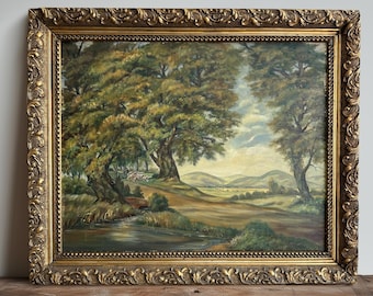 Pintura a óleo original alemã de paisagem vintage XL de 1905 – Obra de arte emoldurada de grandes dimensões (34” x 28”)