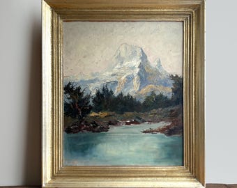 Vintage XL 1950s Alpine Landscape Oil Painting – Framed Fine Art, (25”x29”)