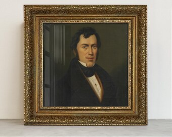 Framed Vintage Gentleman Portrait Giclée Art Print, Ornated Gold Frame (11” x 11”)