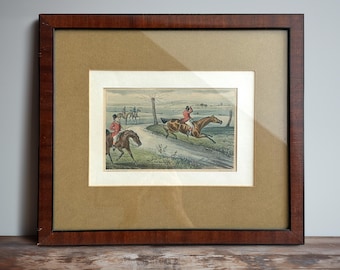 Gravura vintage da década de 1830 representando uma cena de caça à raposa, por Henry Alken – Gravura em água-tinta colorida à mão – Arte equestre emoldurada, 34,8 x 30 cm