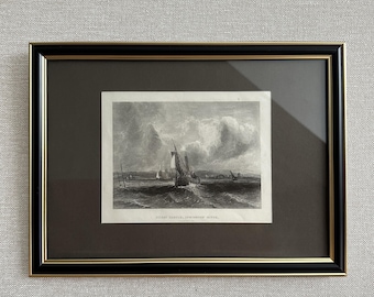Gravura em aço marítima inglesa vintage da década de 1840, por Clarkson Stanfield – 32,5 x 23,6 cm – Impressão antiga de paisagem marinha