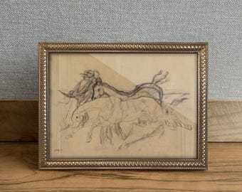 Miniatura vintage de desenho de cavalo europeu, impressão giclée emoldurada, moldura dourada (20x15 cm) - Presente de boas-vindas, decoração tradicional para casa.