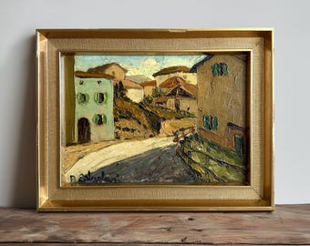 Pintura a óleo original emoldurada sobre madeira, retratando uma pequena vila italiana, década de 1940 (31,5 cm x 24,6 cm).