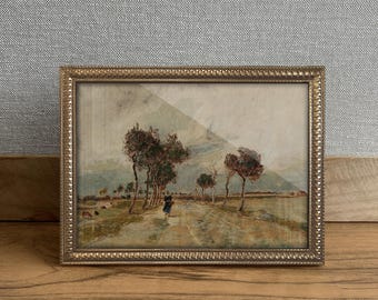 Miniatura de paisagem vintage impressa em giclée com moldura dourada (20x15 cm) - Presente de boas-vindas para decoração tradicional de casa.