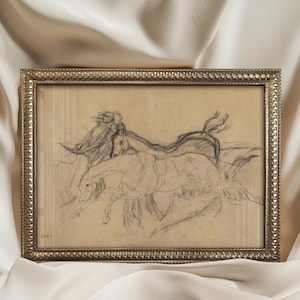 Puede incluir: Un boceto a lápiz enmarcado de caballos en movimiento. La obra de arte está en un marco dorado adornado. El boceto representa varios caballos, con líneas y sombreado visibles, sugiriendo movimiento y energía. La obra está sobre un fondo beige.