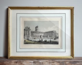 Litografia histórica vintage de Dijon, França, década de 1840, colorida à mão - 36,6 x 29 cm - Impressão artística, desenho arquitetônico emoldurado