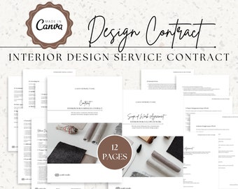 May include: A 12-page interior design service contract template with the title "Design Contract" and "Interior Design Service Contract". The contract includes sections for "Contract", "Scope of Work Agreement", and "Interior Design Scope of Work".