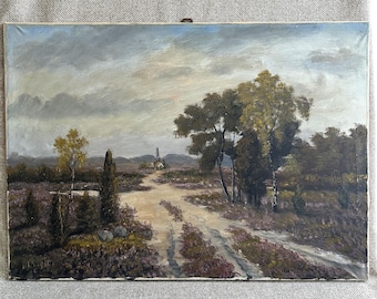 Pintura a óleo de paisagem alemã vintage de 1905 – Obra de arte original emoldurada de grandes dimensões (27,5” x 19,7”) - Sem moldura