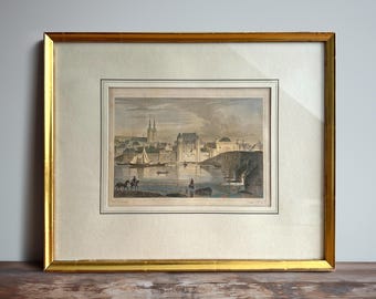 Gravura histórica alemã em aço, década de 1840, de Ludwig Lange – 31 x 25 cm – Paisagem urbana antiga emoldurada