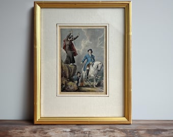 Gravura vintage inglesa em aço, colorida à mão, década de 1840 – 16,5 x 20,3 cm – Impressão histórica emoldurada, cena vitoriana com figura humana.