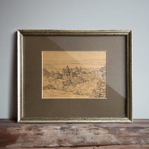 Vintage inramat arkitekturtryck – Maria Laach kloster Tyskland – Romansk klosterteckning – 38x30,5 cm – Sepia konsttryck