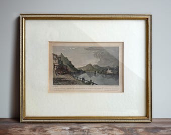 Gravura histórica em aço do Rio Reno, década de 1830 - 31,5 x 25,4 cm - 31,5 x 25,4 cm - Desenho artístico, gravura emoldurada, esboço.