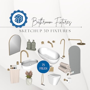 May include: A collection of 75 SketchUp 3D bathroom fixtures, including a bathtub, toilet, sink, shower head, towel rack, mirror, and soap dispenser. The fixtures are all in a modern style and are rendered in a light beige color.