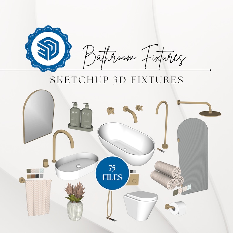 May include: A collection of 75 SketchUp 3D bathroom fixtures, including a bathtub, toilet, sink, shower head, towel rack, mirror, and soap dispenser. The fixtures are all in a modern style and are rendered in a light beige color.