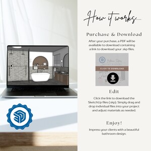 May include: A laptop screen shows a 3D rendering of a bathroom design. The text on the screen says "Bathroom Fixtures SketchUp to Fixtures". A download button is shown with the text "Click to Download".