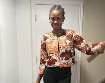 Chaqueta Ankara hecha a mano: Algodón con estampado africano y mangas tres cuartos.