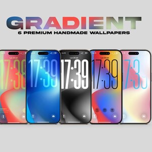 Può includere: Sei smartphone mostrano sfondi sfumati fatti a mano. Ogni telefono presenta una combinazione di colori unica, tra cui sfumature blu, rosse e monocromatiche. L'ora 17:39 è visualizzata su ogni schermo, con la parola "GRADIENT" sopra.