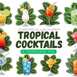 Clipart cocktails tropicaux : 10 images PNG transparentes dessinées à la main pour des invitations estivales, des décorations de fête et un usage commercial