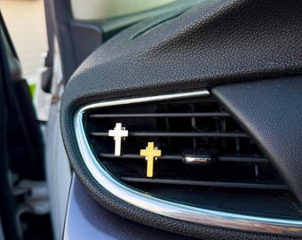 Christian Car Decor: Silver/Gold Magnetic Cross Vent Clip Charm
