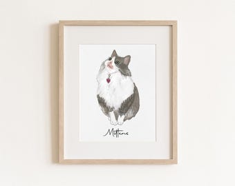Custom Watercolor Cat Portrait – Personalized Pet Illustration with Name – Cat Art Print – Memorial Gift for Cat Lovers