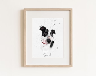 May include: A framed watercolor print of a dog with black and white markings, a red collar, and the name "Scout" written below. The artwork features a splattered background and is set in a light wood frame.