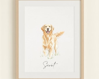 May include: Watercolor print of a Golden Retriever dog with a light brown coat, standing in grass. The dog is smiling with its tongue out. The name "Scout" is written in cursive below the dog. The print is in a light wood frame.