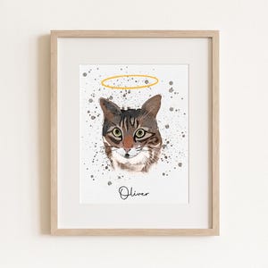 Retrato conmemorativo personalizado para mascotas, impresión de acuarela de gato personalizada con nombre y halo, regalo del Puente del Arcoíris, arte mural para conmemorar la pérdida de una mascota.