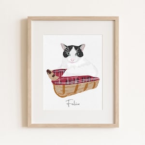 Custom Cat Portrait Watercolor Style, Personalized Pet Art with Name, Cat Memorial Gift, Digital or Printed Cat Wall Art Illustration
