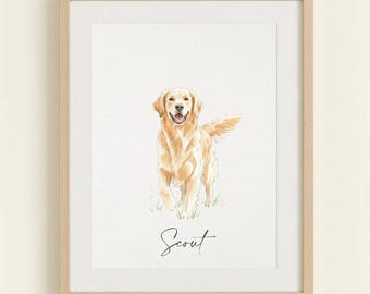 May include: Watercolor painting of a Golden Retriever dog with a light brown coat, standing in grass. The dog is smiling with its tongue out. The name "Scout" is written in cursive below the dog. The artwork is framed in a light wood frame.