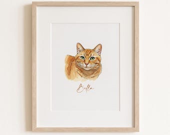 Custom Watercolor Cat Portrait - Pet Name Art, Orange Tabby Illustration, Personalized Cat Ilistiration, Gift for Cat Lovers, Pet Memorial
