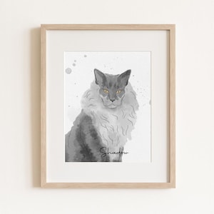 Custom Watercolor Cat Portrait Print, Personalized Pet Wall Art, Gray Longhair Cat Painting, Pet Memorial Gift for Cat Owners