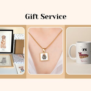 May include: Three personalized pet gifts: a framed watercolor portrait of a golden retriever, a gold necklace with a square pendant featuring a watercolor portrait of a dog, and a white mug with a watercolor portrait of a cat and the name "Daisy" written in red.